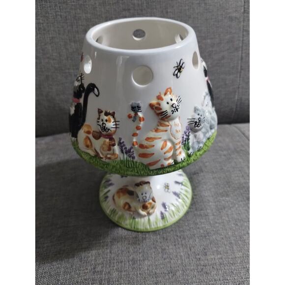 Kitten Kitty Cats Tea Light Candle Stand Ceramic Hand Painted Bees Butterfly - Picture 2 of 9
